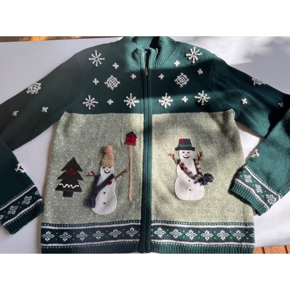 Karen Scott Petites Green Snowman Christmas‎ Zip Up Cardigan Sweater PS